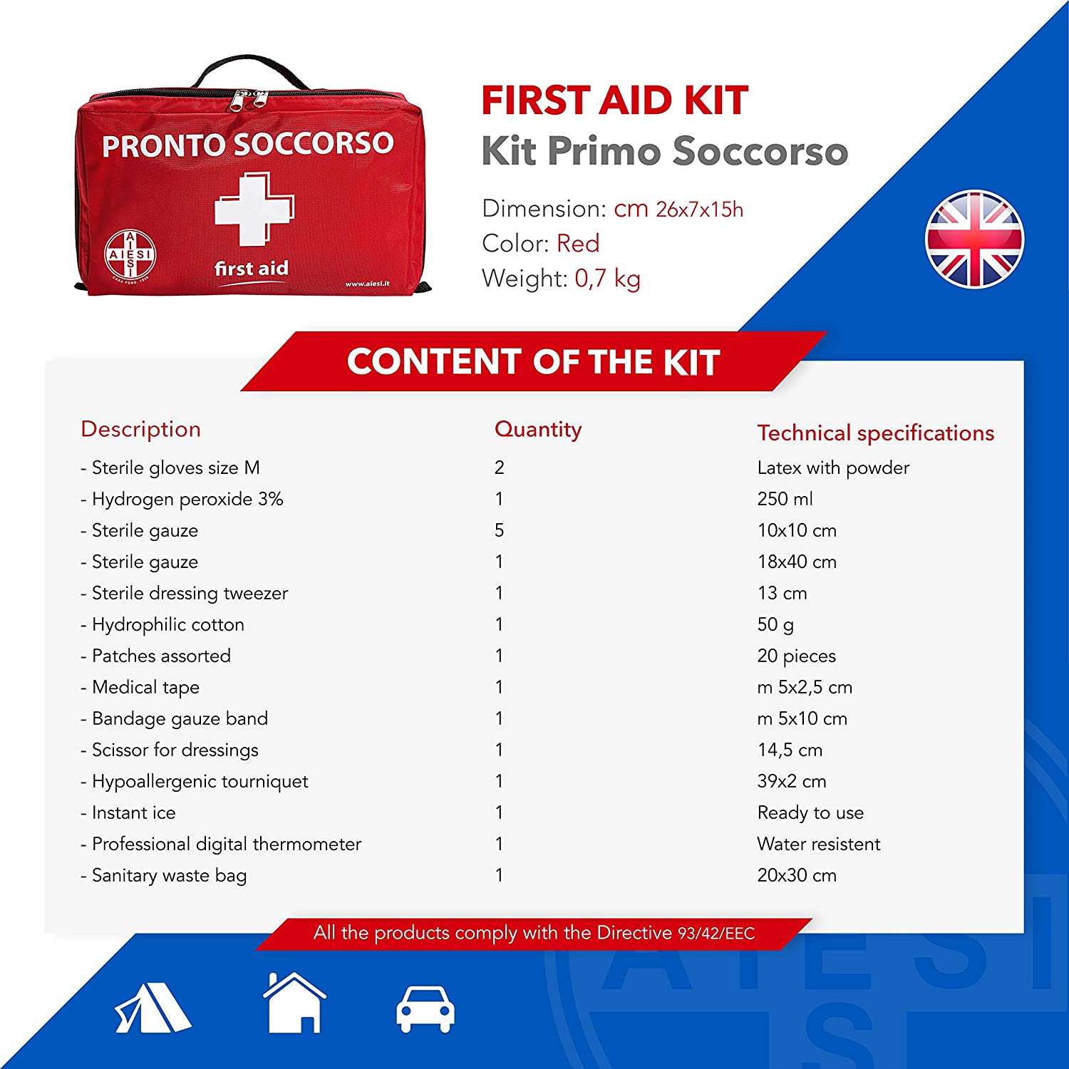 AIESI® Kit di Pronto Soccorso Professionale per auto casa viaggio barca  moto trekking con TERMOMETRO e DISINFETTANTE # Borsa di emergenza completa  per medicazione # Made in Italy - Biostaff